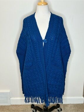 Aran Crafts Deep Blue Irish Knit Wrap Sweater Cardigan One Size